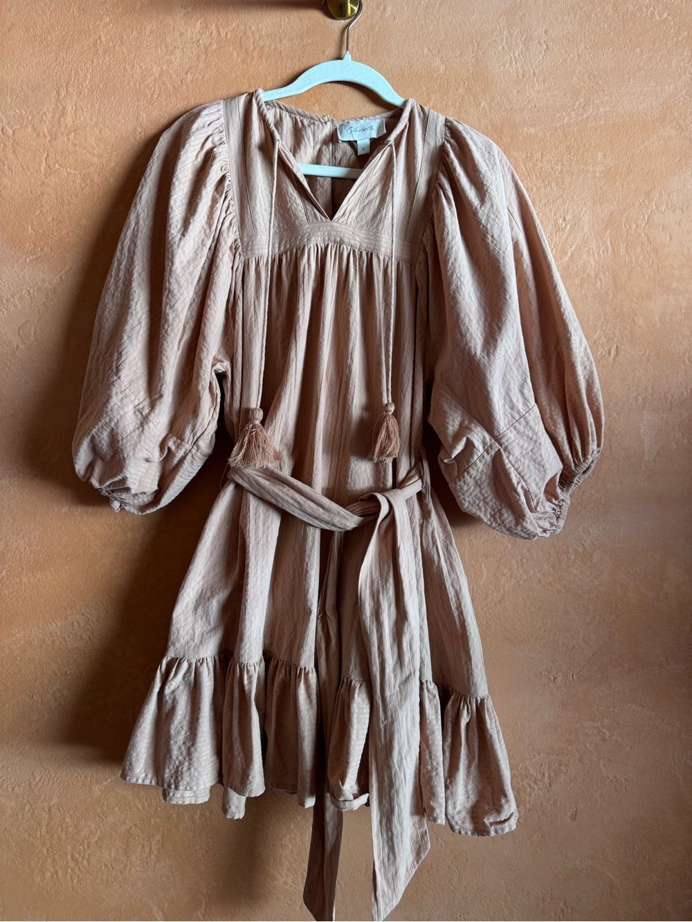 Cleobella 100% Cotton Puff Sleeve Mini Dress Boho Tie Waist Small